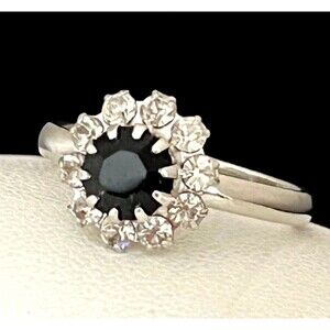 Vintage Costume Ring Silver Tone Prong Set Rhinestones Mid Century Modern 4J
